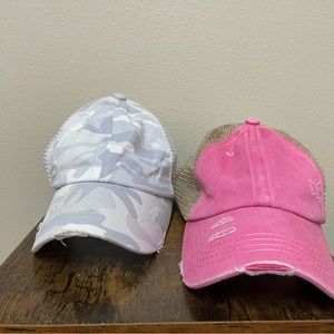 Women’s CC Caps - Pony Tail - Criss Cross elastic - (1) grey/white camo (1) pink